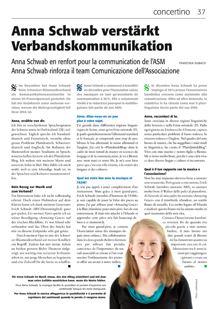 Unisono 1/22 - Interview mit Anna Schwab aus der Verbandszeitschrift des Schweizer Blasmusikverbandes (SBV)
